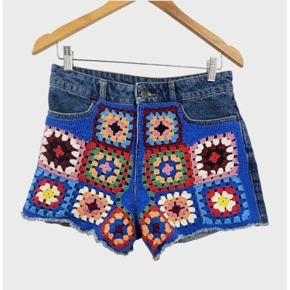Farm Rio Denim Shorts Crochet Patches Size 29 Granny Square Cut Offs